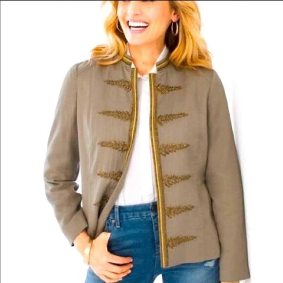 Chico’s Beaded Military Jacket Women’s Small Green Sage Embellished Long Sleeve - Picture 1 of 7